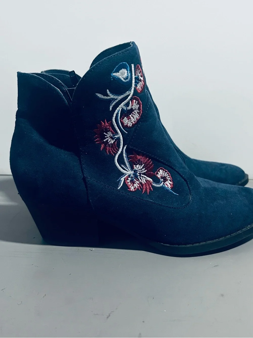 Carlos by Carlos Santana Navy Suede Layne Embroidered Wedge Booties